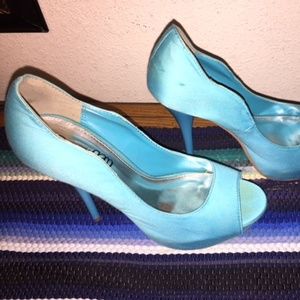 Size 10 Turquoise Satin Stiletto Platform Peep Toe